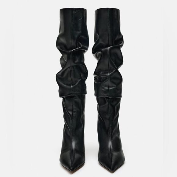 ZARA SLOUCHY LEATHER KNEE HIGH HEELED BOOTS - Picture 7 of 9